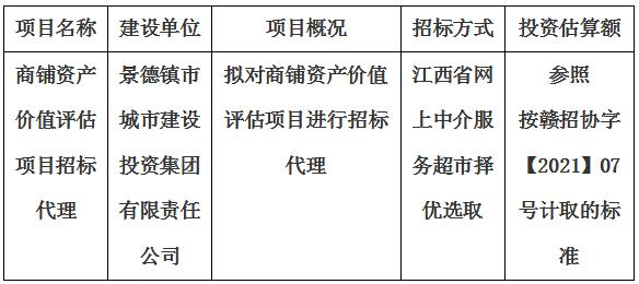 商鋪資產(chǎn)價值評估項目招標代理計劃公告