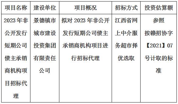 2023年非公開發(fā)行短期公司債主承銷商機(jī)構(gòu)項(xiàng)目招標(biāo)代理計(jì)劃公告