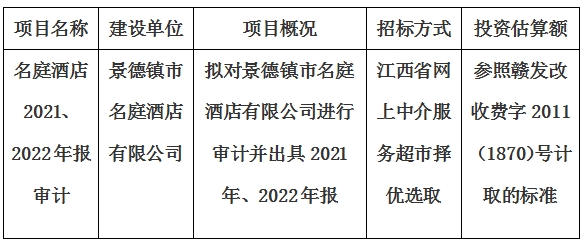 景德鎮(zhèn)市名庭酒店有限公司2021、2022年報審計項目計劃公告