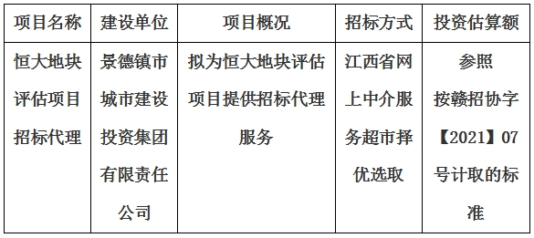 恒大地塊評估項目招標代理計劃公告