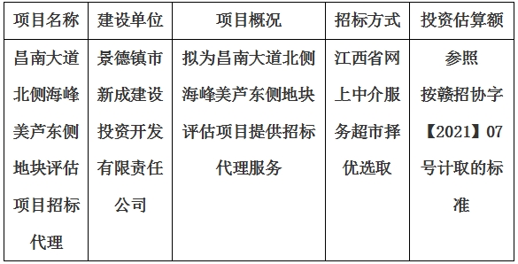 昌南大道北側(cè)海峰美蘆東側(cè)地塊評估項目招標(biāo)代理計劃公告