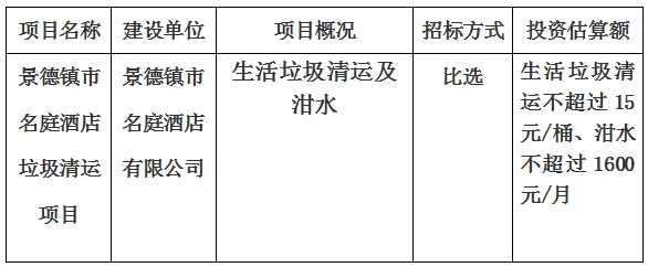 景德鎮(zhèn)市名庭酒店垃圾清運項目計劃公告