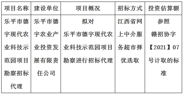 樂平市德宇現(xiàn)代農(nóng)業(yè)科技示范園項目勘察招標代理計劃公告