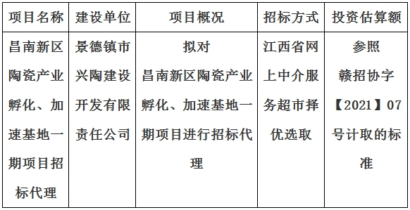 昌南新區(qū)陶瓷產(chǎn)業(yè)孵化、加速基地一期項目招標(biāo)代理計劃公告