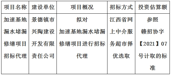 加速基地漏水堵漏修繕項(xiàng)目招標(biāo)代理計(jì)劃公告