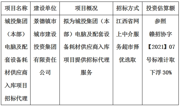 城投集團（本部）電腦及配套設備耗材供應商入庫項目招標代理計劃公告