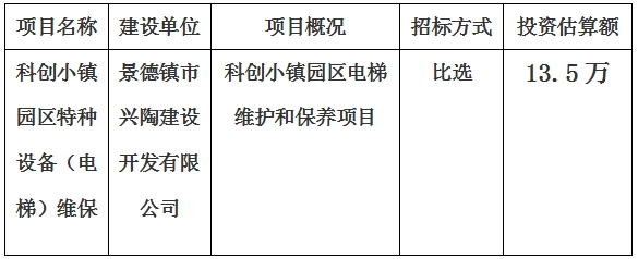 科創(chuàng)小鎮(zhèn)園區(qū)特種設(shè)備（電梯）維保計劃公告